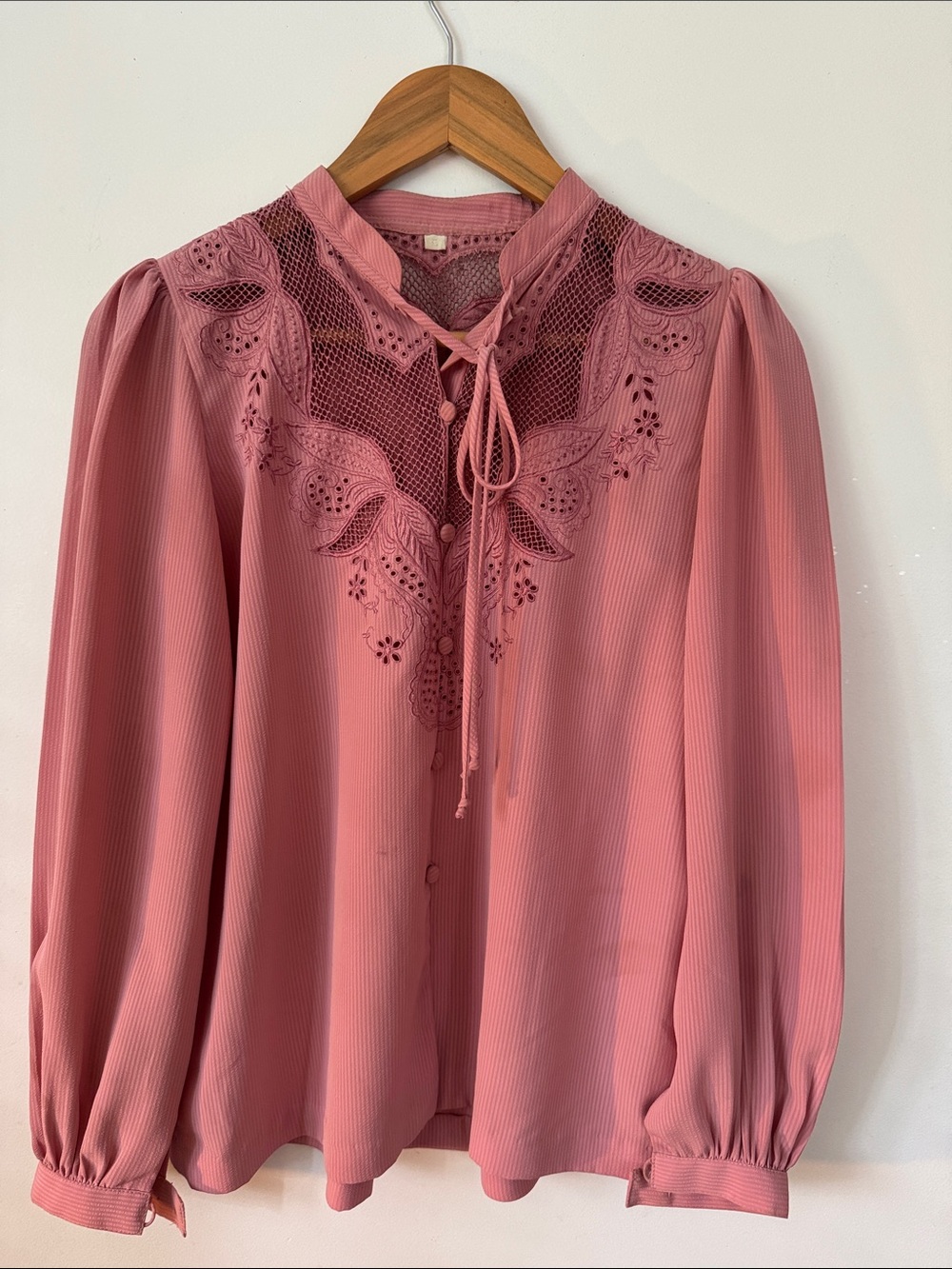 Vintage 80's Women's Dusky Pink Lace Yoke Blouse - Brand Unknown